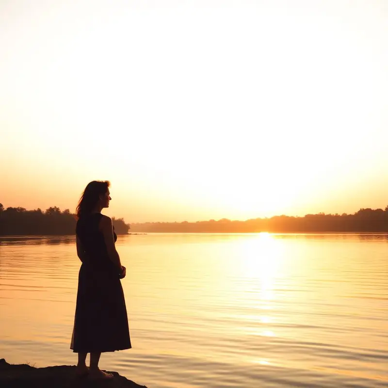 Mulher em pé às margens de um rio ao amanhecer