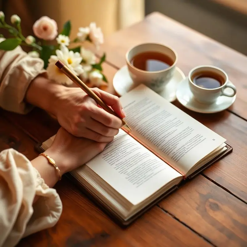 Mãos de mulher escrevendo em um journal elegante