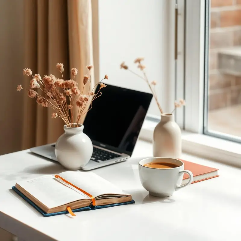 Mesa de trabalho feminina com laptop, flores secas e luz natural