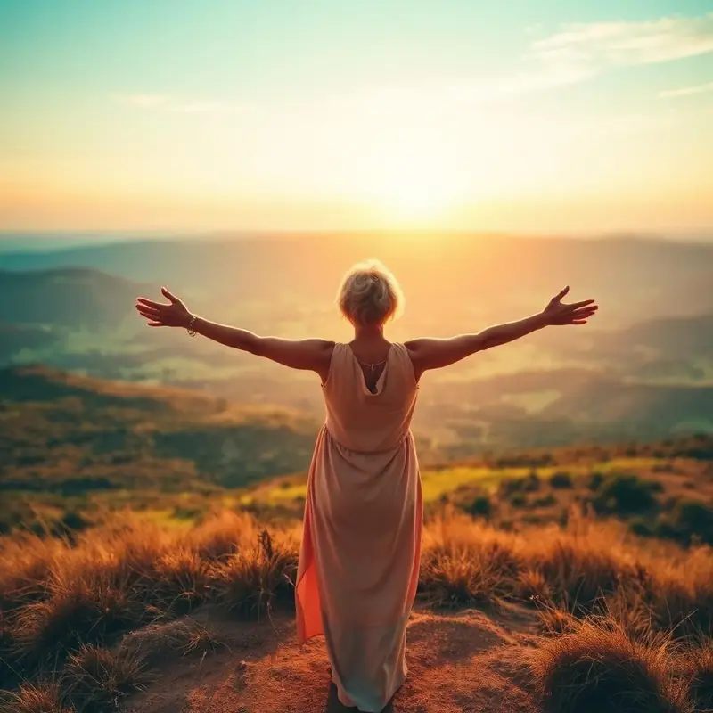 Mulher de braços abertos em um topo de montanha ao pôr do sol